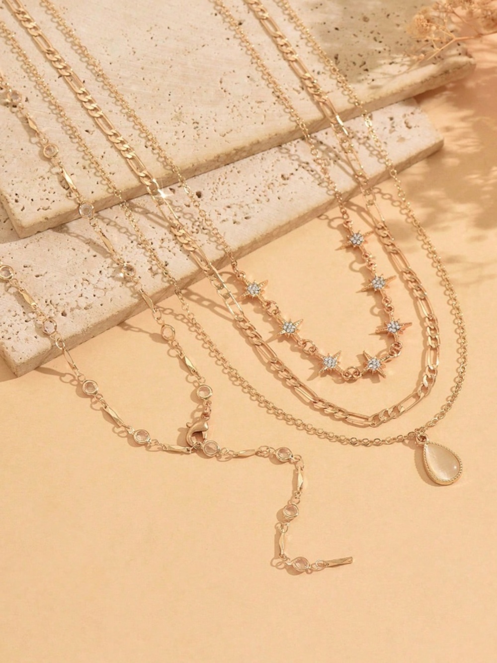 Boho Rhinestone Starburst Gold Tone Necklace Set - Picture 2 of 3